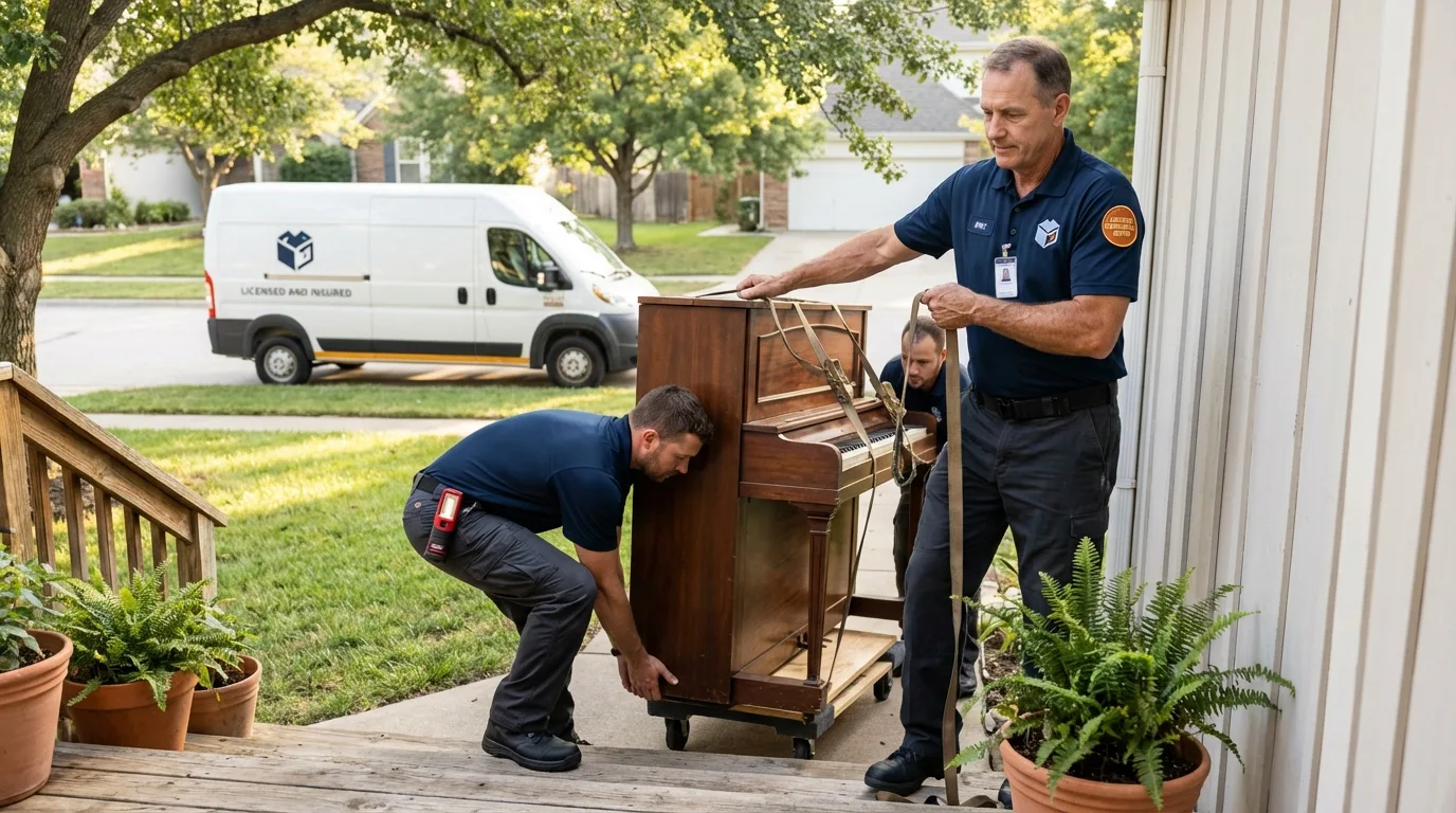 Licensed piano movers securing grand piano in Branford, CT