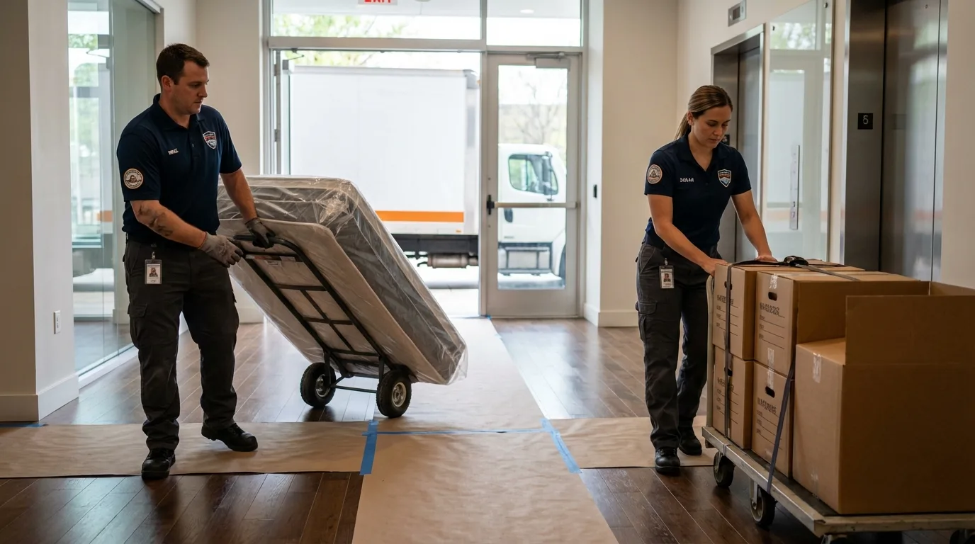Professional apartment movers loading elevator in Branford, CT